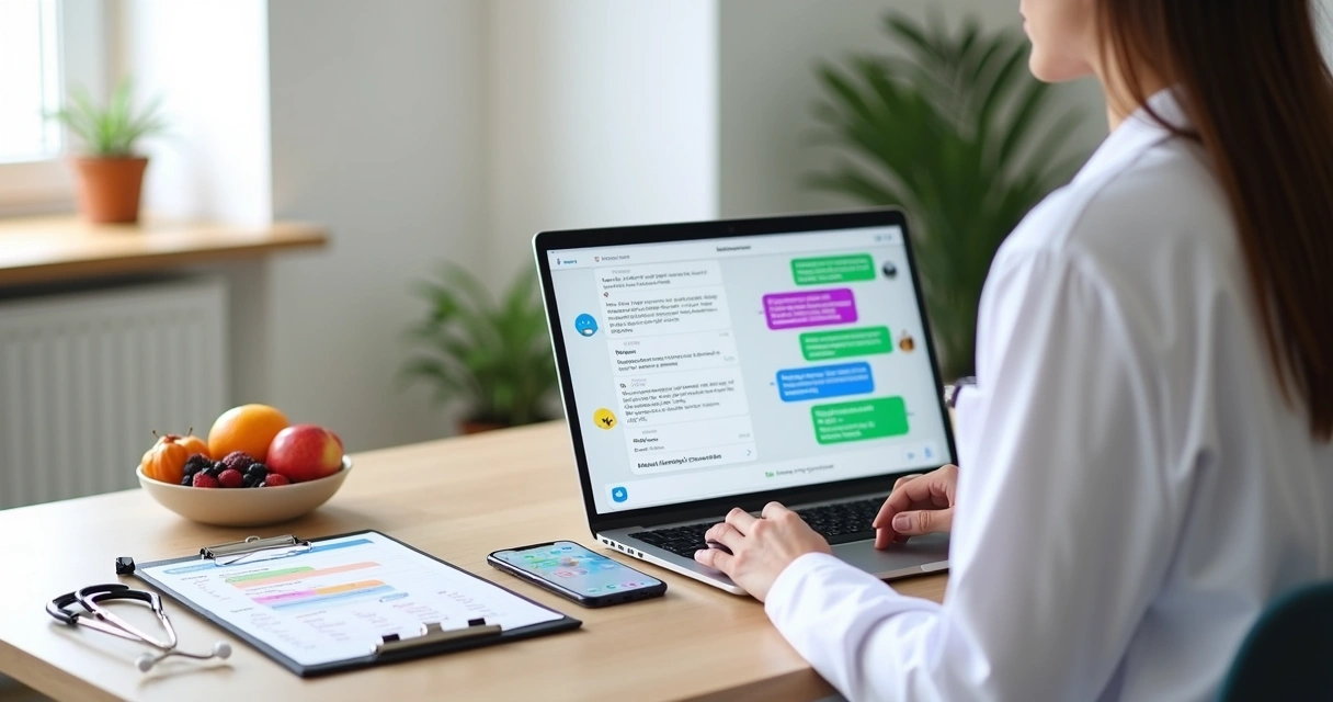 Nutricionista usando notebook e celular com vários apps de mensagem na tela 