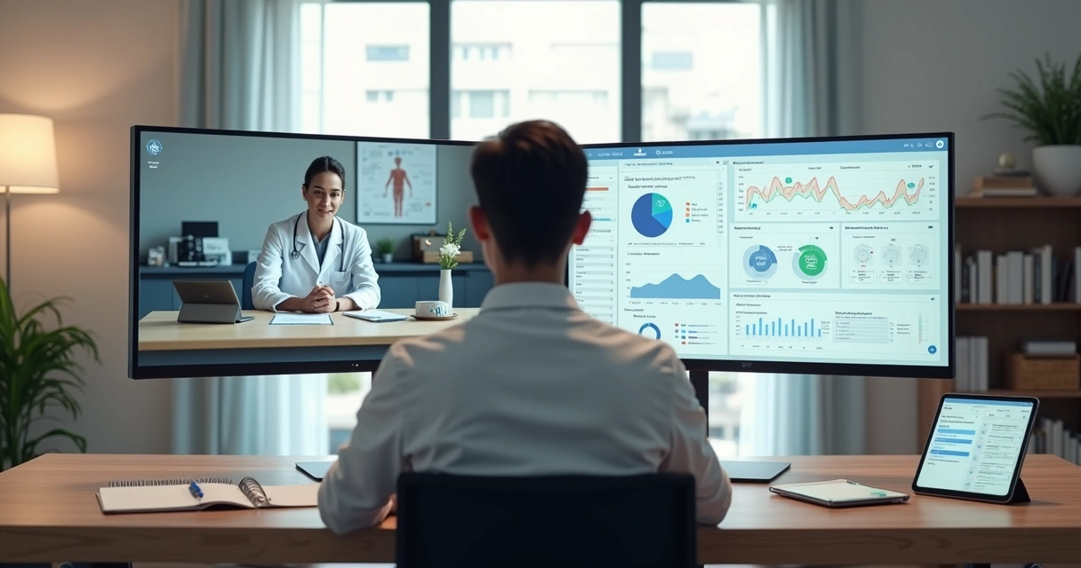 Nutricionista em consultório premium avaliando tela dividida entre assistente e automação clínica 
