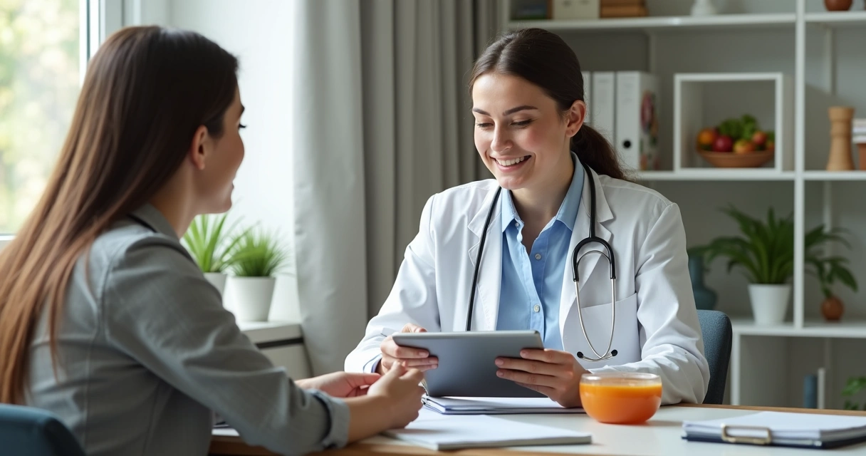 Nutricionista realizando entrevista com paciente em consultório, usando tablet para registro 