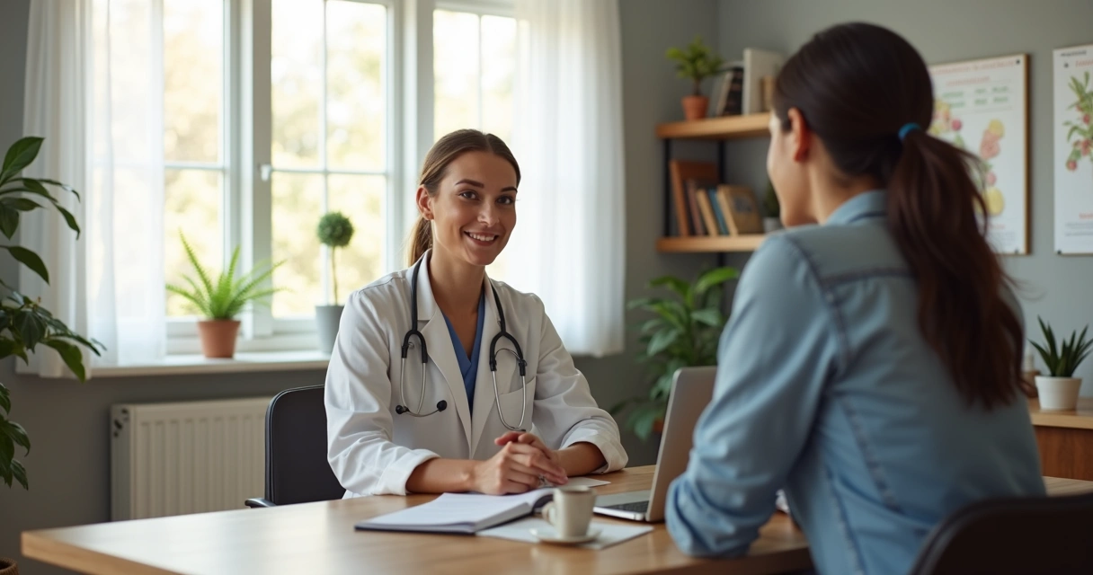 Nutricionista atendendo paciente em consultório moderno com expressão confiante e postura profissional