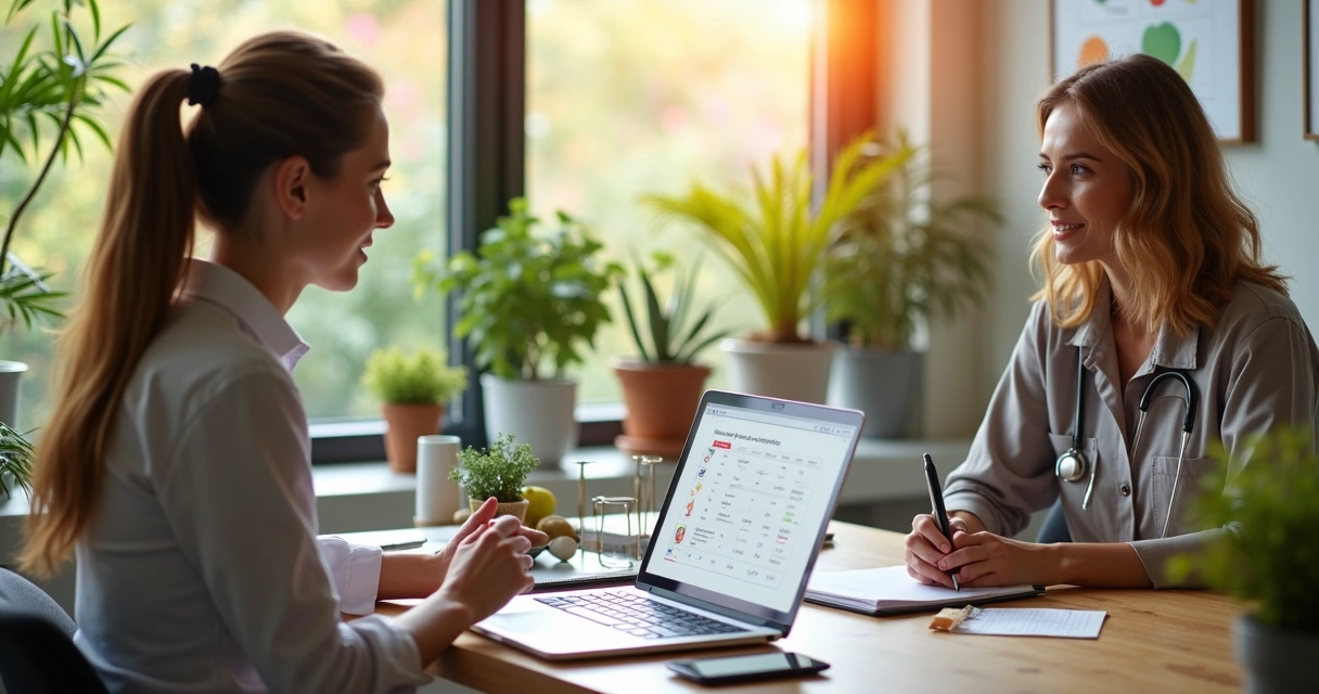 Nutricionista atendendo paciente em consultório moderno com computador e material de anotações 