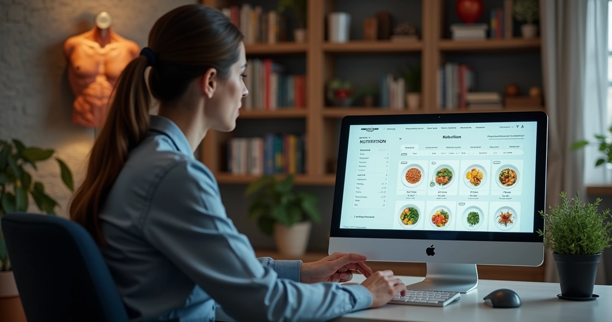 Nutricionista com paciente em consultório digital moderno 
