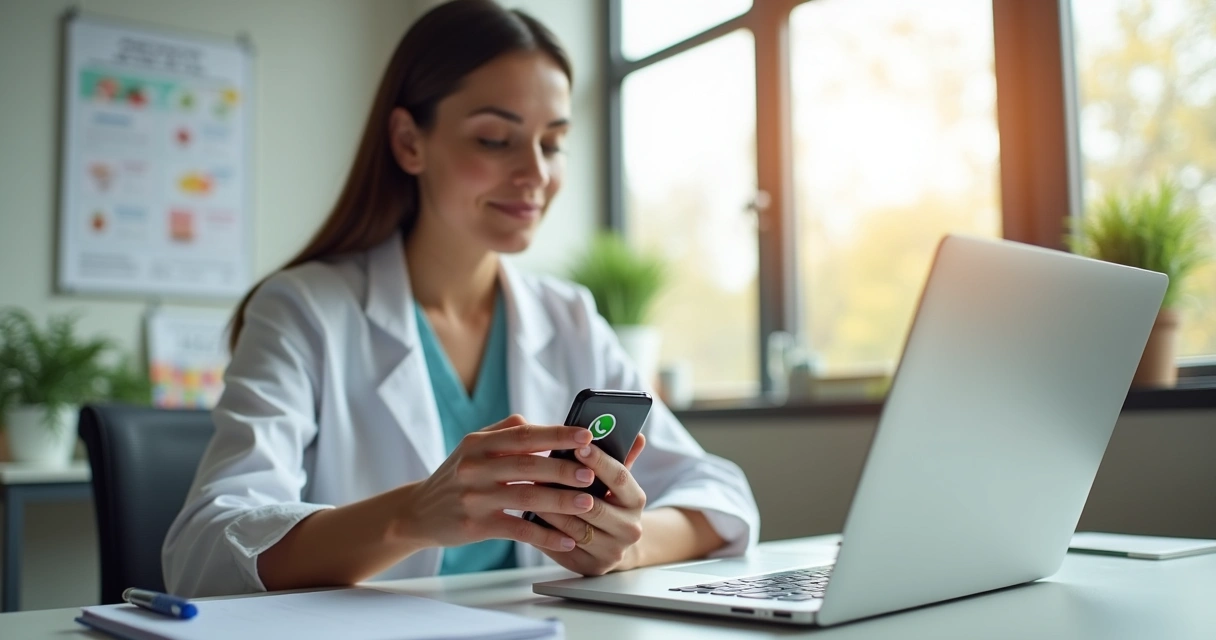 Nutricionista usando smartphone para atendimento via WhatsApp em consultório moderno 