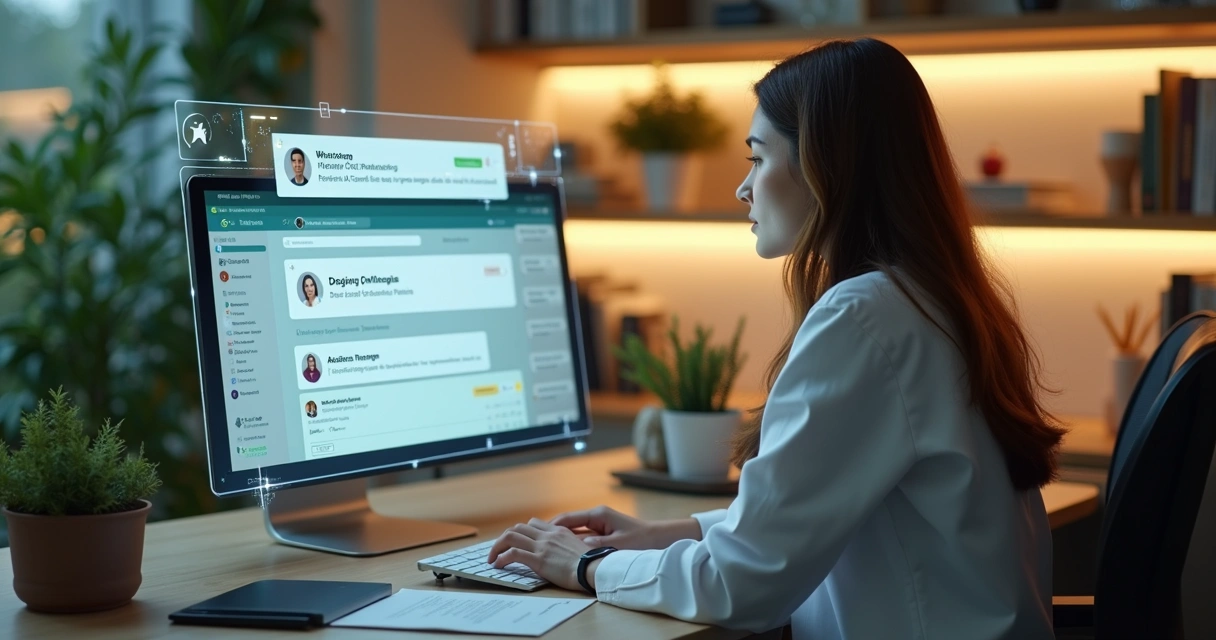 Nutricionista utilizando plataforma de IA para atendimento automatizado no WhatsApp com tela que mostra mensagens e gráficos de engajamento de pacientes 