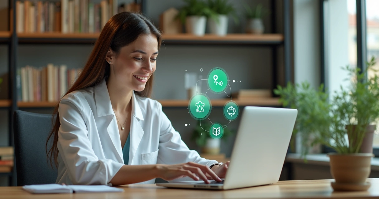 Nutricionista usando computador com tela mostrando chat automatizado no WhatsApp em consultório iluminado