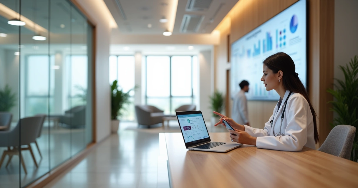 Nutricionista em consultório moderno analisando dados digitais para atrair mais pacientes 