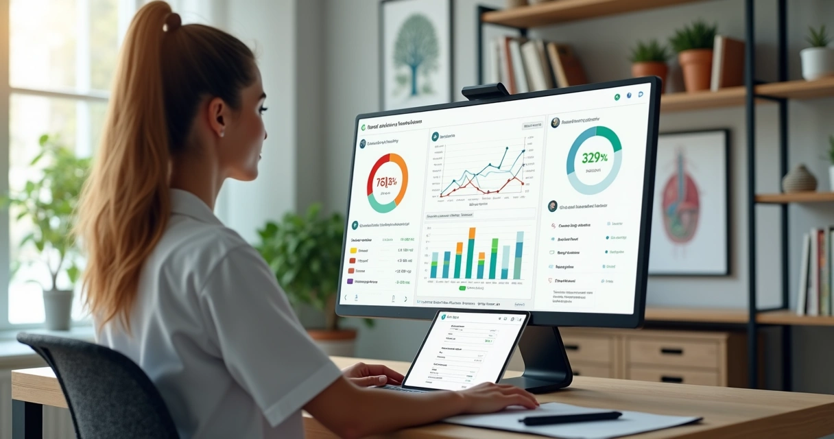 Nutricionista analisando painel digital com gráficos clínicos e automações de acompanhamento 