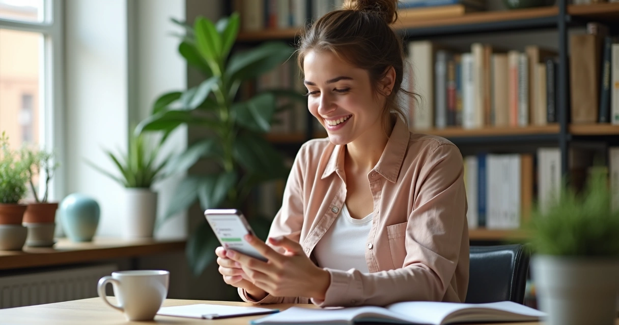Nutricionista usando aplicativo no celular para automatizar tarefas, consultório ao fundo