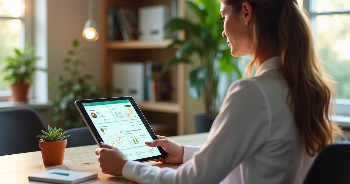 Nutricionista analisando um tablet com interface de agente de IA aberto, em consultório moderno com decoração clara, luz natural entrando pela janela, detalhes de gráficos e mensagens automáticas na tela 
