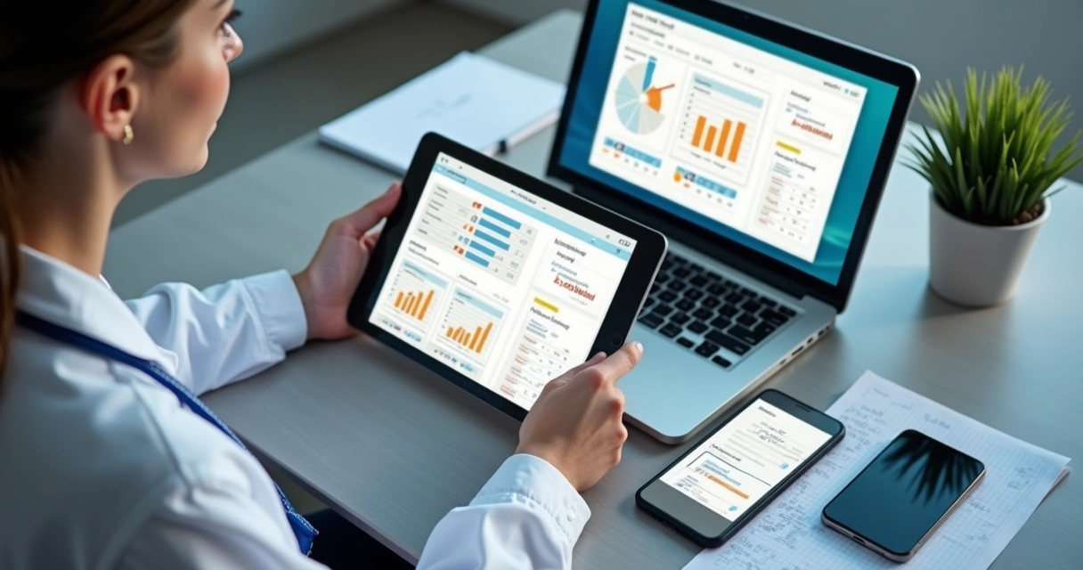 Nutricionista revisando check-ins digitais de pacientes