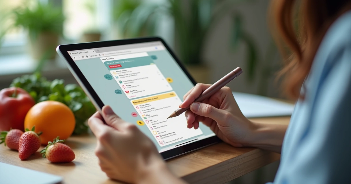 Profissional de nutrição usando checklist em tablet com interface WhatsApp