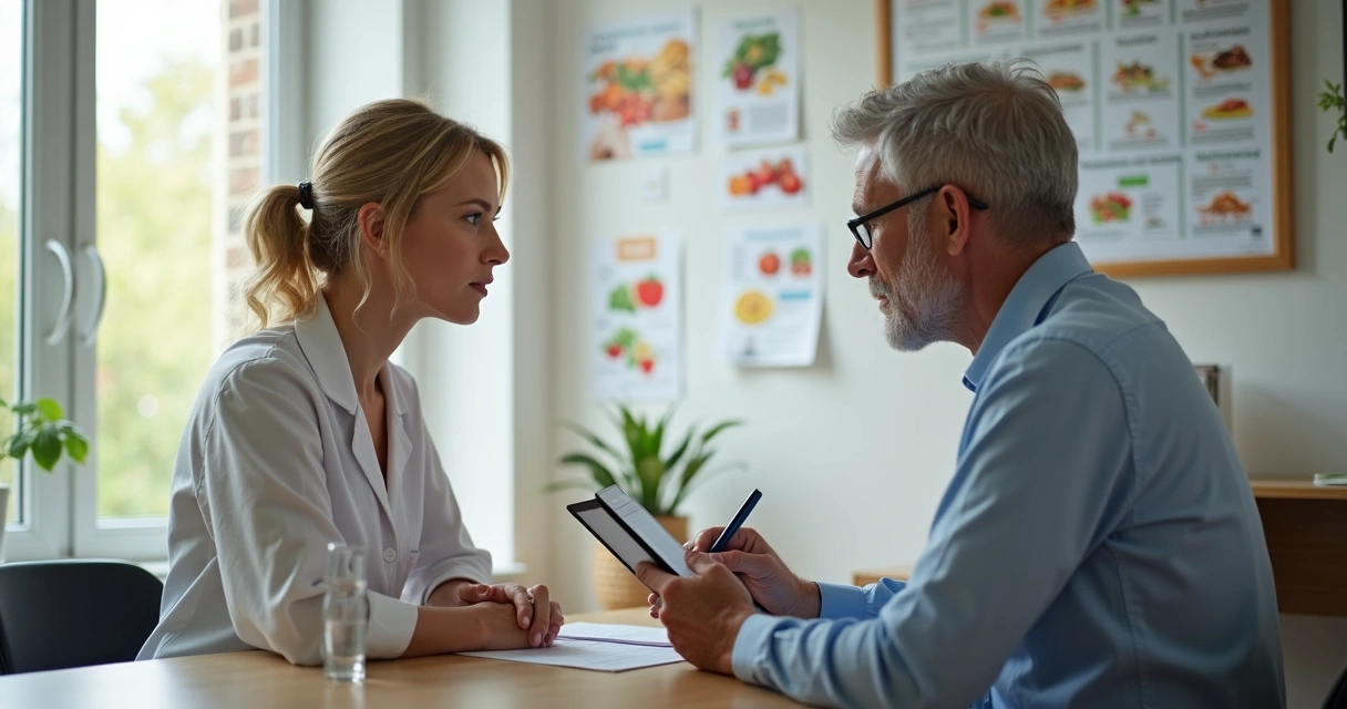 Nutricionista coletando informações alimentares de paciente em consulta 