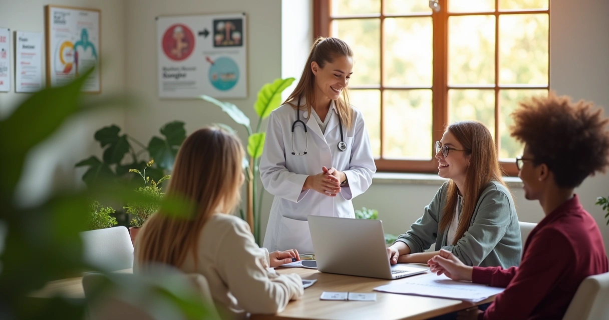 Nutricionista conversando com equipe no consultório moderno