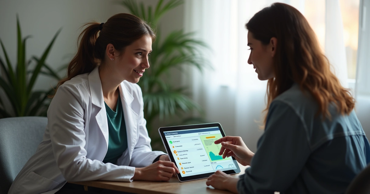 Nutricionista orientando paciente usando tecnologia na consulta 