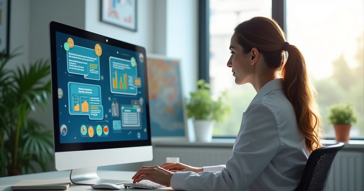 Nutricionista analisando dados no computador com interface de agente virtual na tela e gráficos coloridos ao fundo