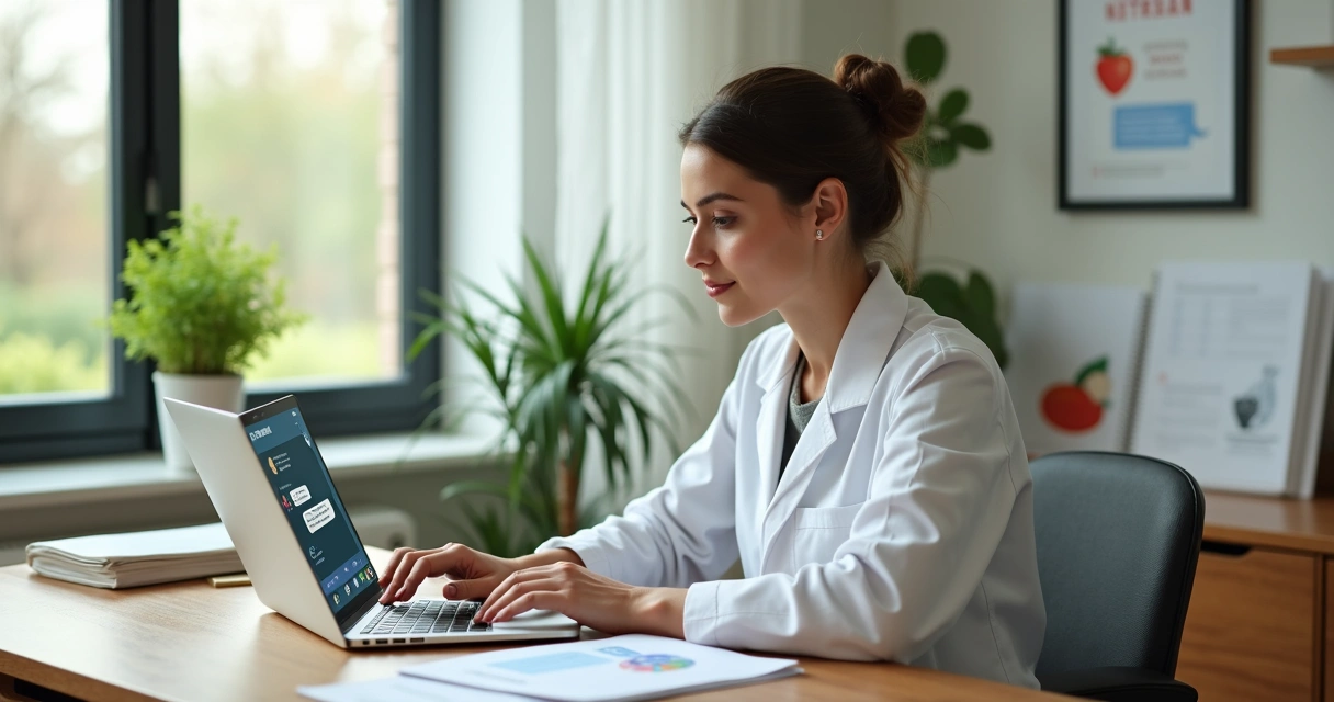 Nutricionista trabalhando no consultório usando computador com interface de automação no WhatsApp 