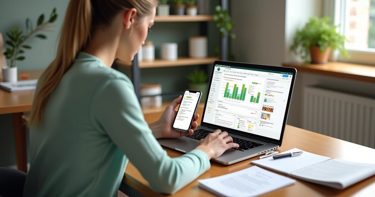 Nutricionista usando computador e smartphone com gráficos e conversas no WhatsApp em ambiente de consultório organizado 