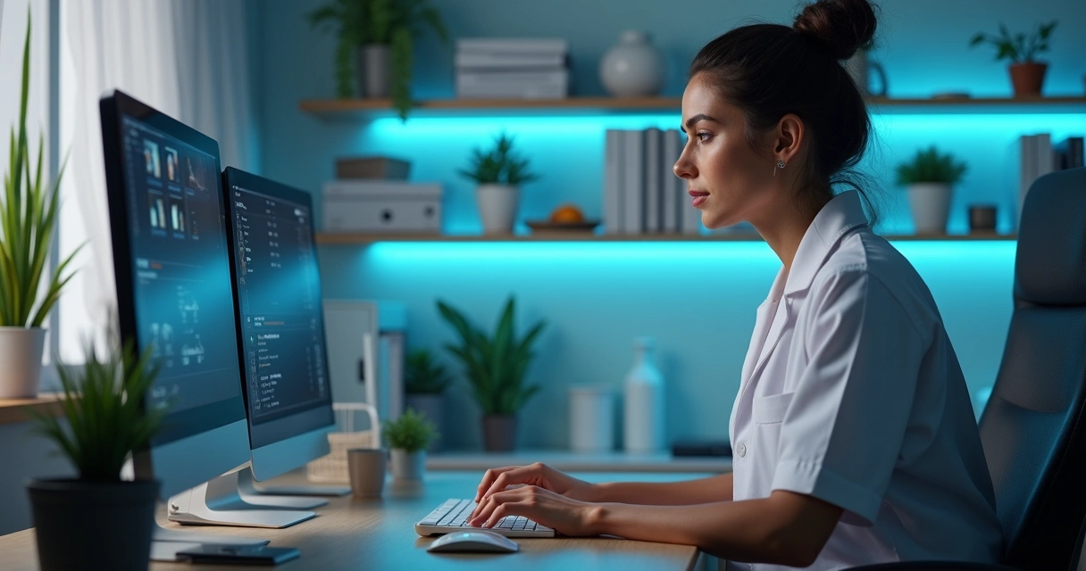 Nutricionista usando computador com software genérico no consultório, ambiente moderno e tecnologia ao redor