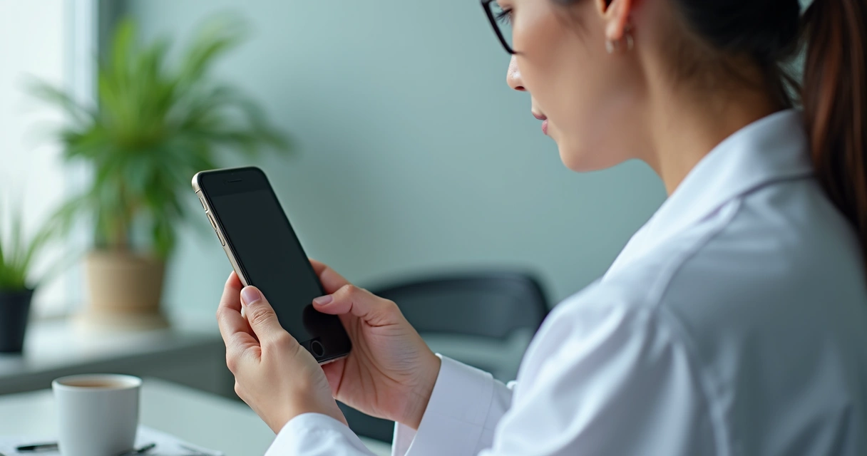 Nutricionista usando smartphone para comunicação via WhatsApp e Telegram em consultório moderno. Tela mostra chats ativos com pacientes