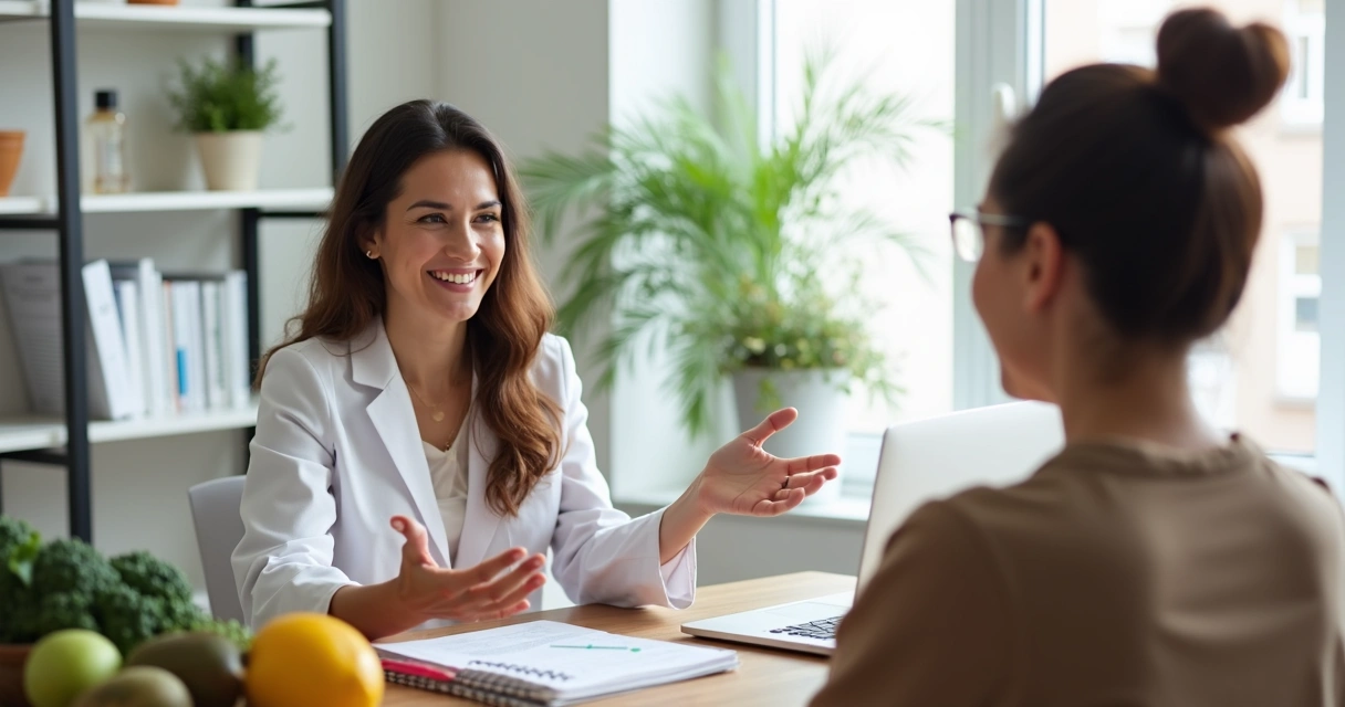 Nutricionista sorrindo em consultório bem iluminado, atendendo paciente com postura segura e acolhedora.