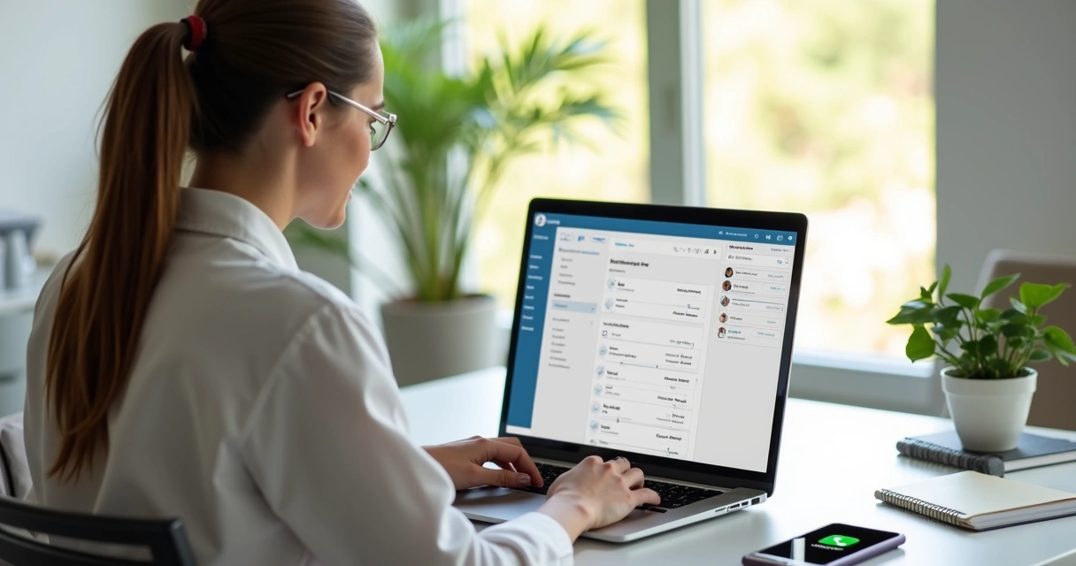 Nutricionista mulher configurando plataforma de inteligência artificial no laptop em escritório moderno