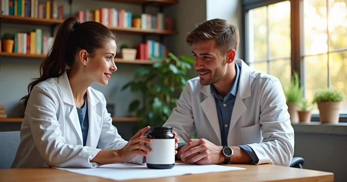 Nutricionista explicando suplemento para atleta em consultório 