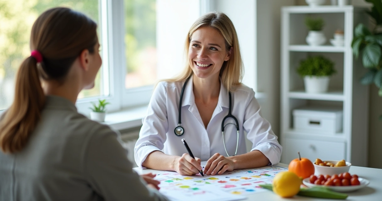 Nutricionista explicando plano alimentar personalizado em consulta para paciente 