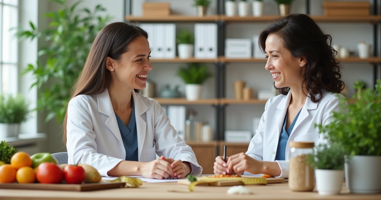 Nutricionista orientando paciente durante consulta com plano alimentar sobre a mesa 