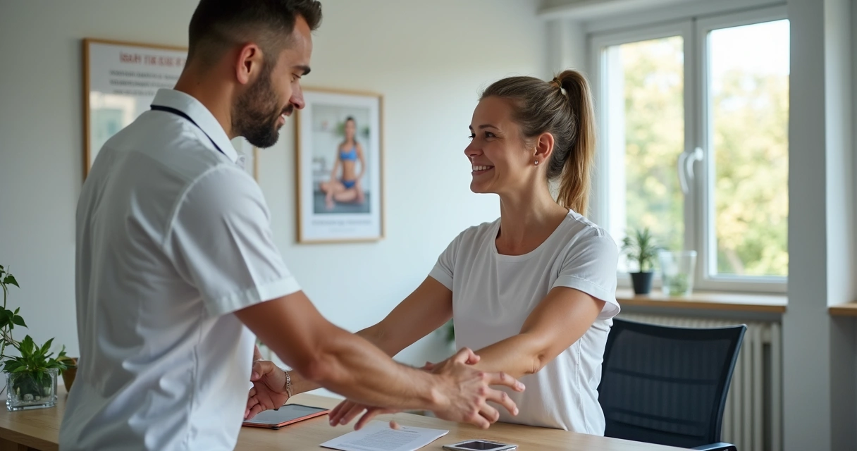Nutricionista orientando paciente a se alongar no consultório 