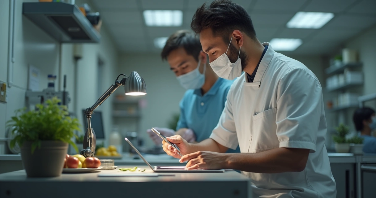 Nutricionista usando tablet com prontuário eletrônico em consultório moderno e digital 