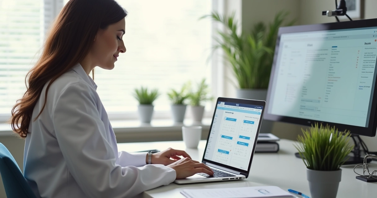 Nutricionista usando prontuário eletrônico em consultório digital moderno 