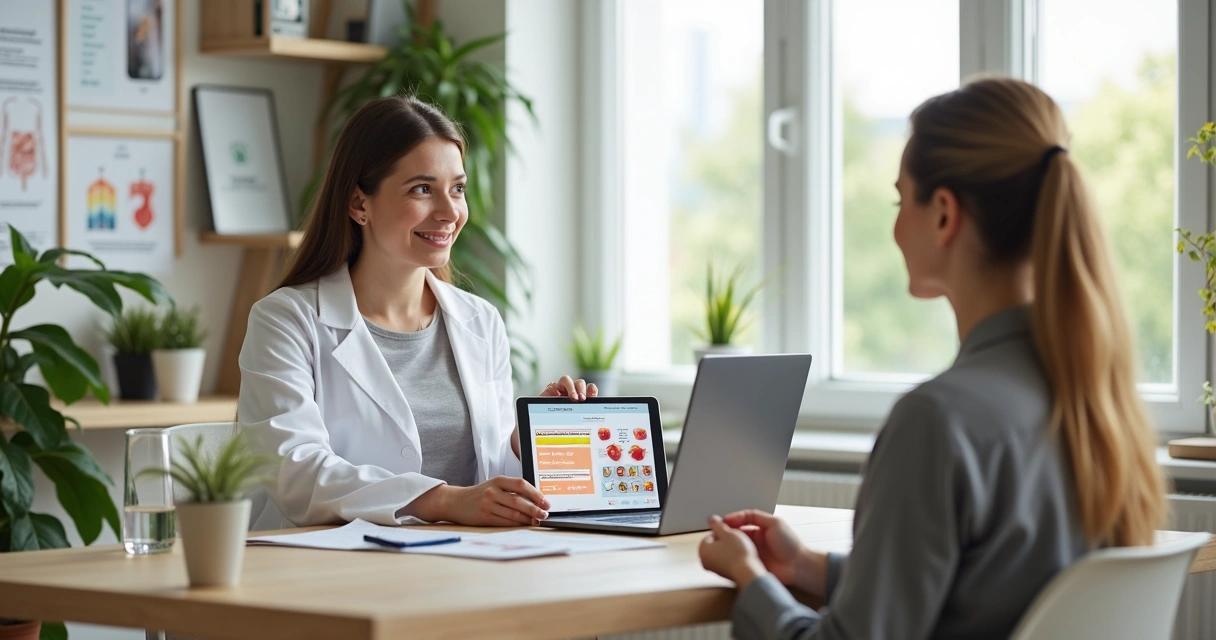 Nutricionista em consultório conversando com paciente e usando tablet para acompanhamento 