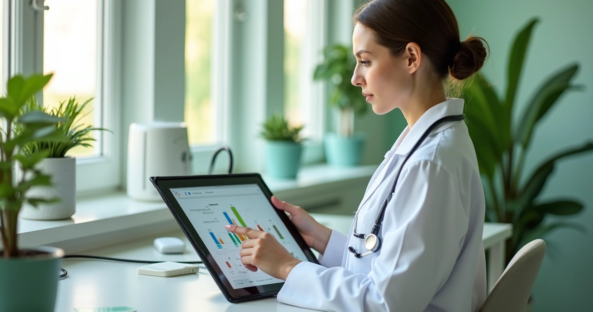 Interior de consultório moderno com nutricionista analisando gráficos em tablet 