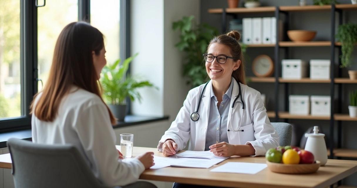 Nutricionista atendendo mulher em consultório moderno 