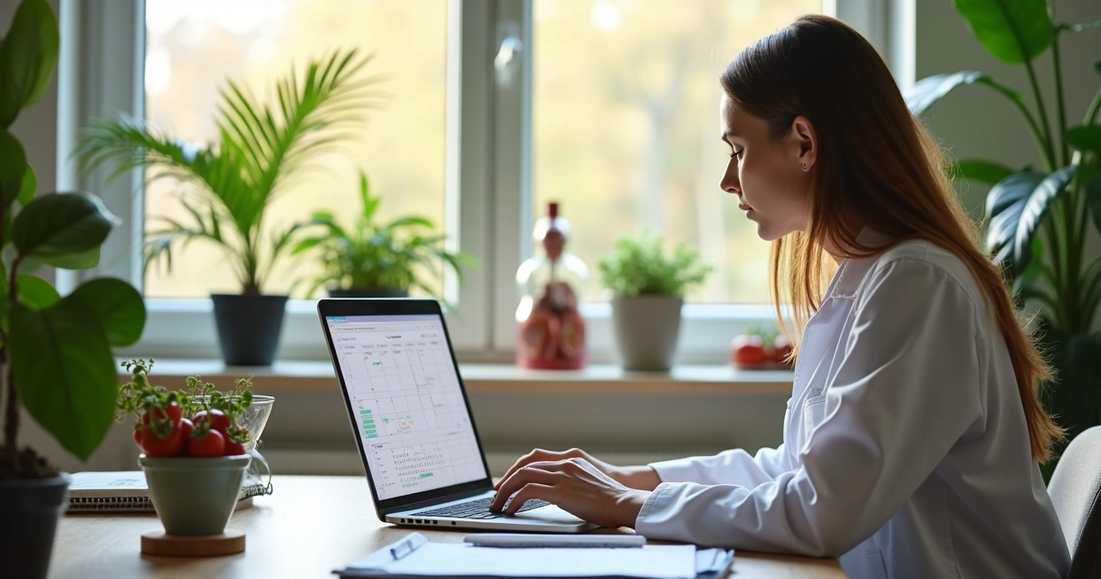 Nutricionista trabalhando em consultório moderno e organizado, com agenda digital aberta na tela do notebook