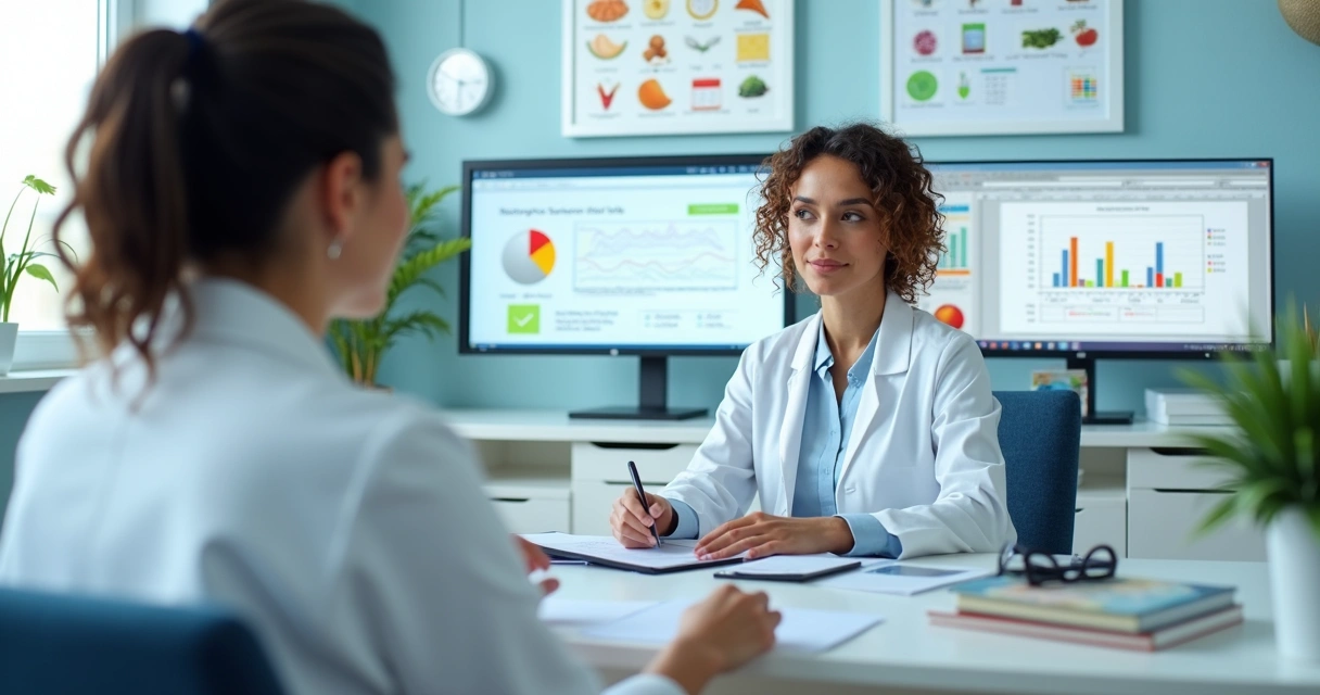 Nutricionista analisa monitor de dados do paciente em consultório moderno 