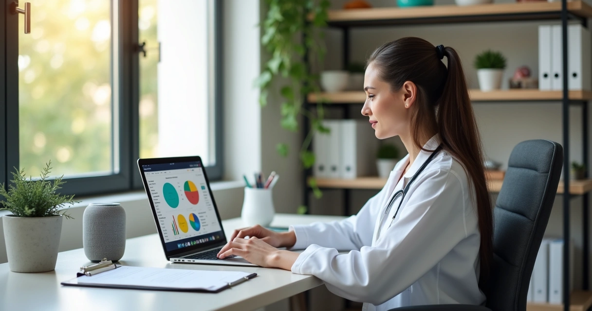 Nutricionista usando computador e tablet em consultório moderno organizado com gráficos na tela e anotações