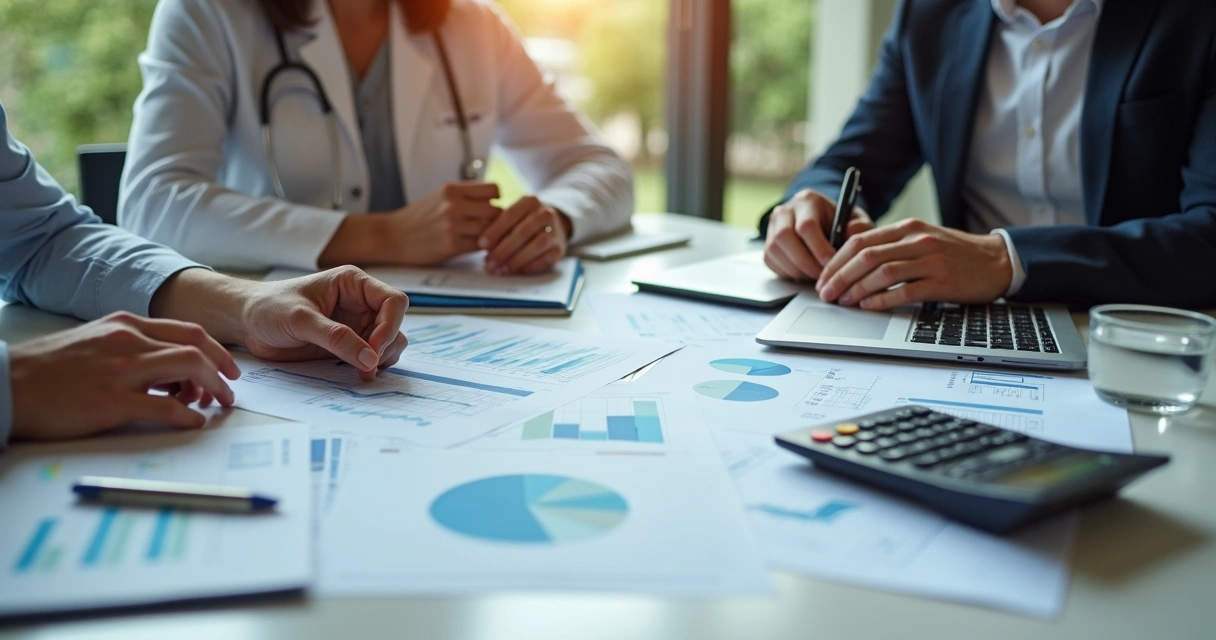 Nutricionista reunido com contador analisando relatórios financeiros