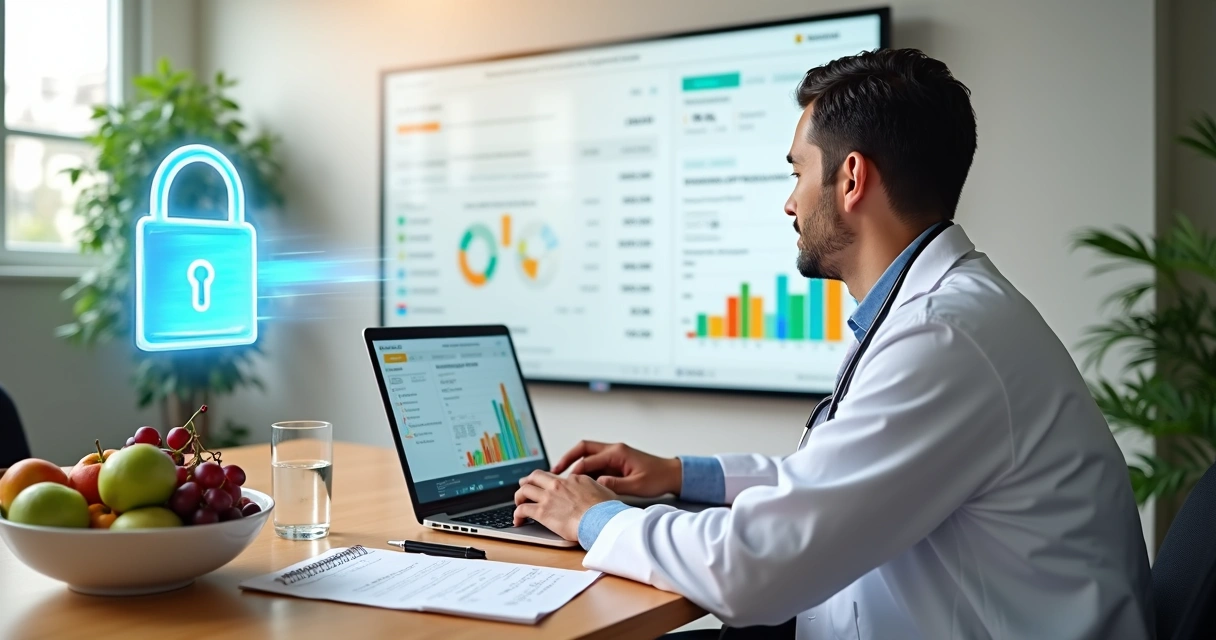 Nutricionista PJ analisando finanças em consultório com gráficos e cadeado digital ao fundo 