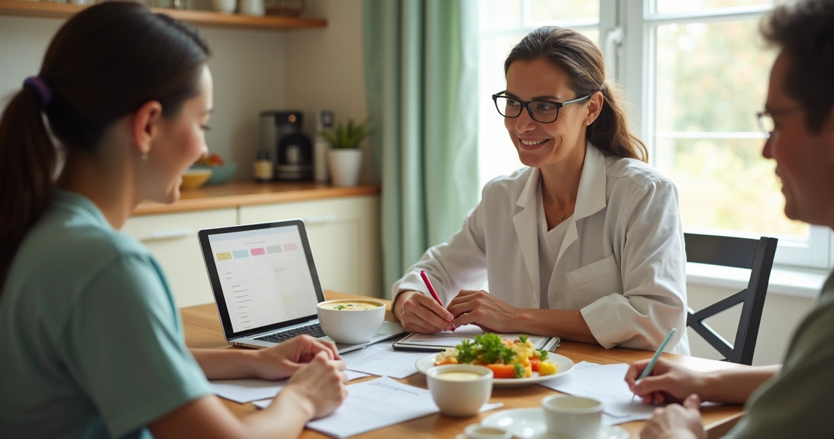 Nutricionista orientando cuidador com plano alimentar em casa 