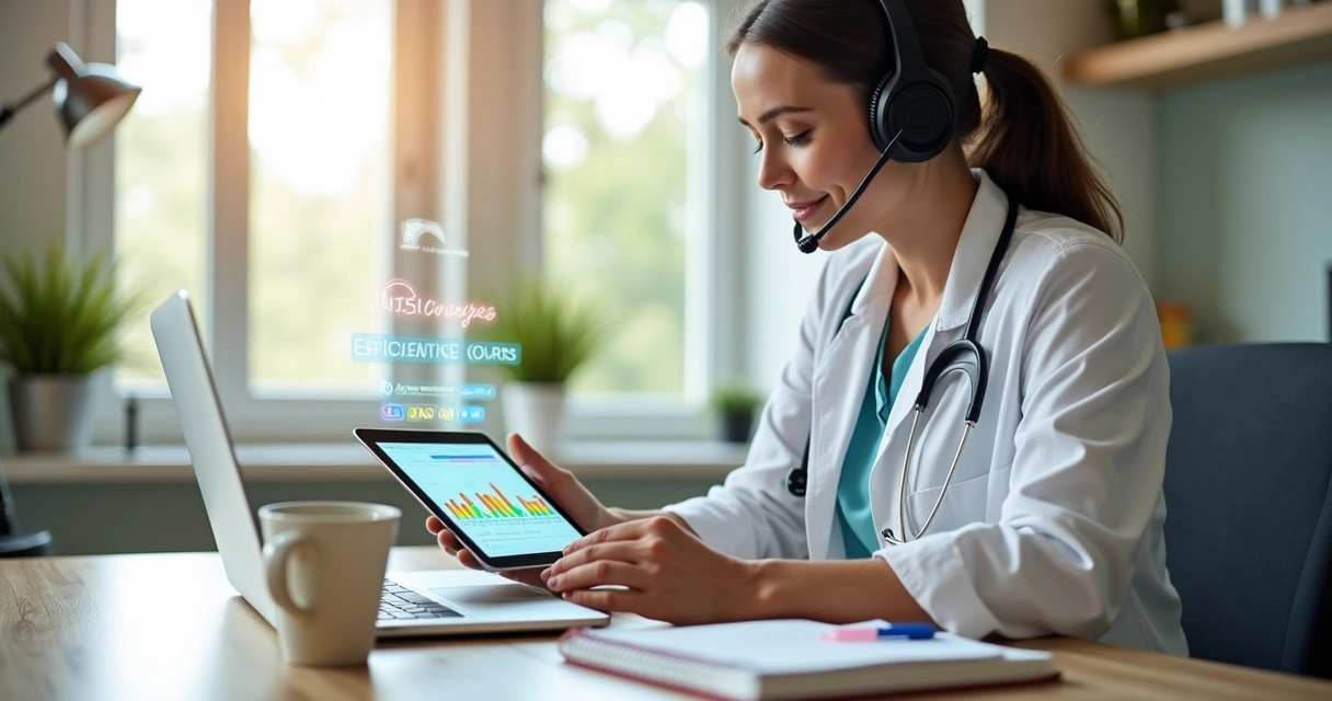 Nutricionista analisando tablet com gráficos ao lado de agenda e laptop em ambiente de consultório bem iluminado
