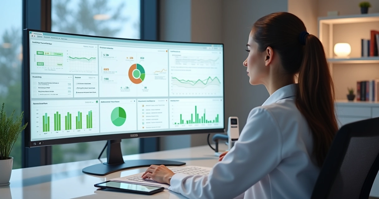 Nutricionista analisando painel digital com dados clínicos organizados e priorizados 