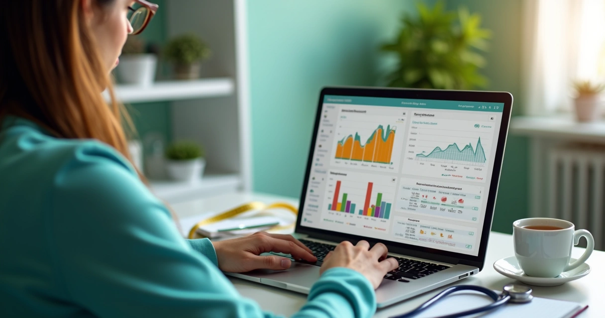 Nutricionista analisando gráficos alimentares em tela
