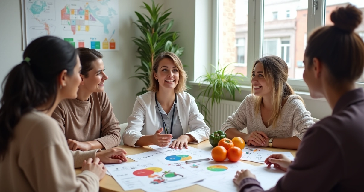 Nutricionista dialogando com pacientes de origens culturais diversas 