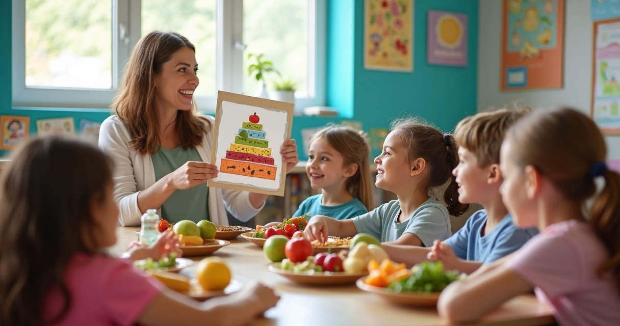 Profissional de nutrição orientando crianças sobre alimentação saudável em ambiente escolar 
