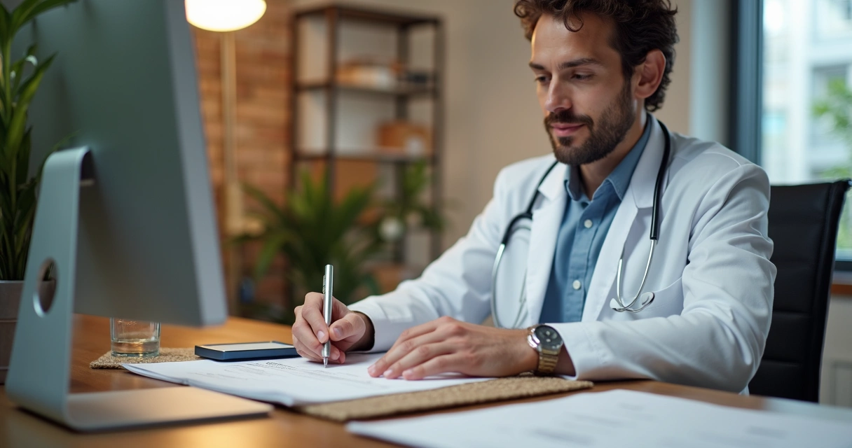 Nutricionista em consultório moderno emitindo nota fiscal 