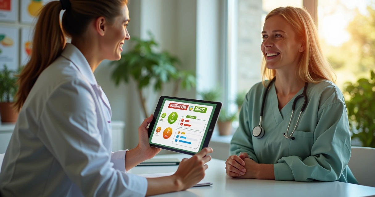 Nutricionista usando tablet para engajar paciente com gamificação na consulta de nutrição 