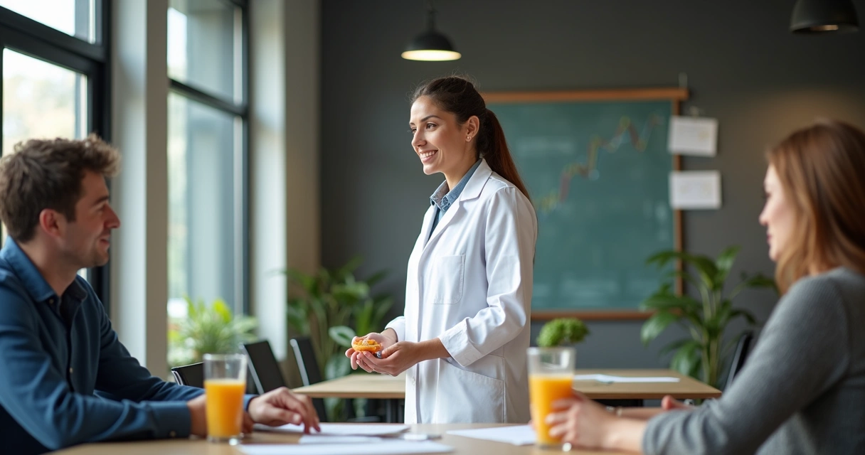Nutricionista avaliando opções de mentoria em grupo e solução digital para consultório, ambiente moderno e organizado