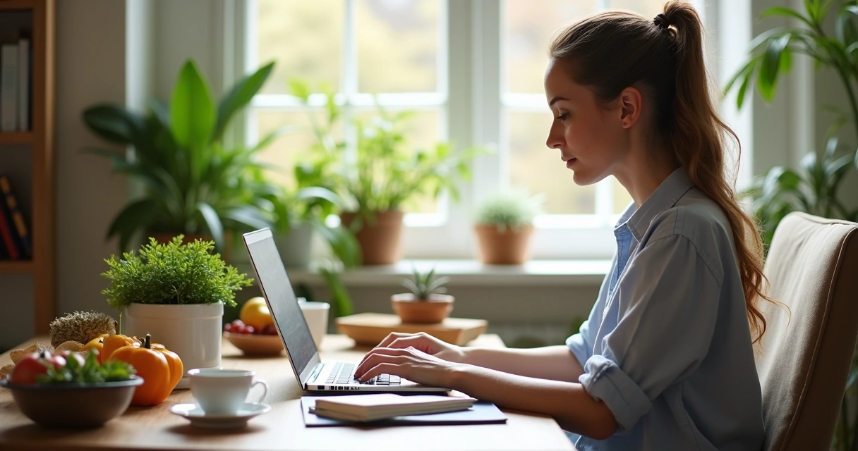 Nutricionista escrevendo em um notebook com materiais de alimentação saudável ao redor. 