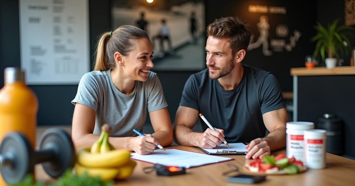 Nutricionista montando plano alimentar para atletas com alimentos e equipamentos esportivos em uma mesa 